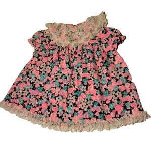 Vintage 1980s Roanna Dress Girls 24 Mos Black Neon Pink Blue Rose Lace Pink Bow